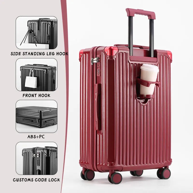 Zippered ABS PC Suitcase Luggage With Cup Holder And Wheels