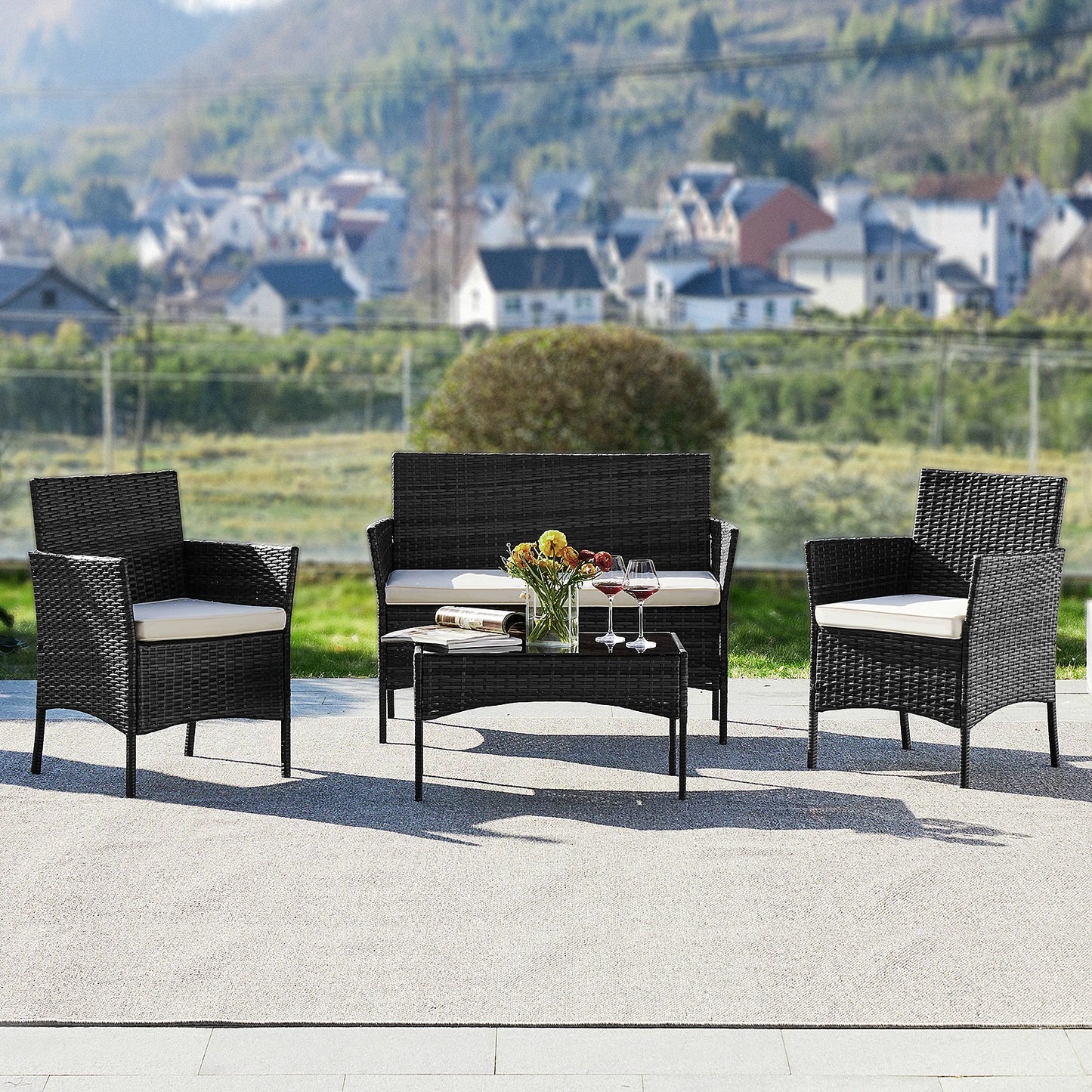 Outdoor Patio Furniture Set 4 Pieces With Glass Table Chairs