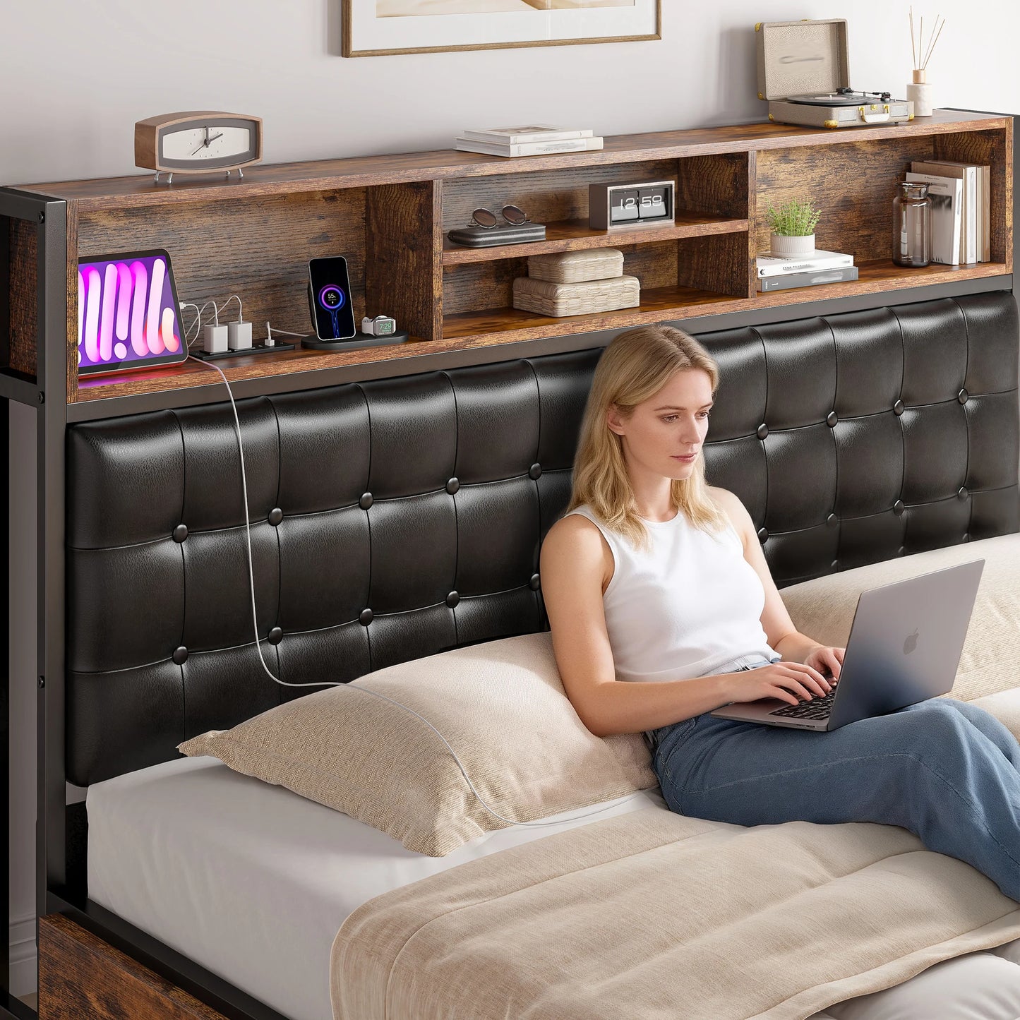 EnHomee Bed Frame With Charging Station And Storage Drawers