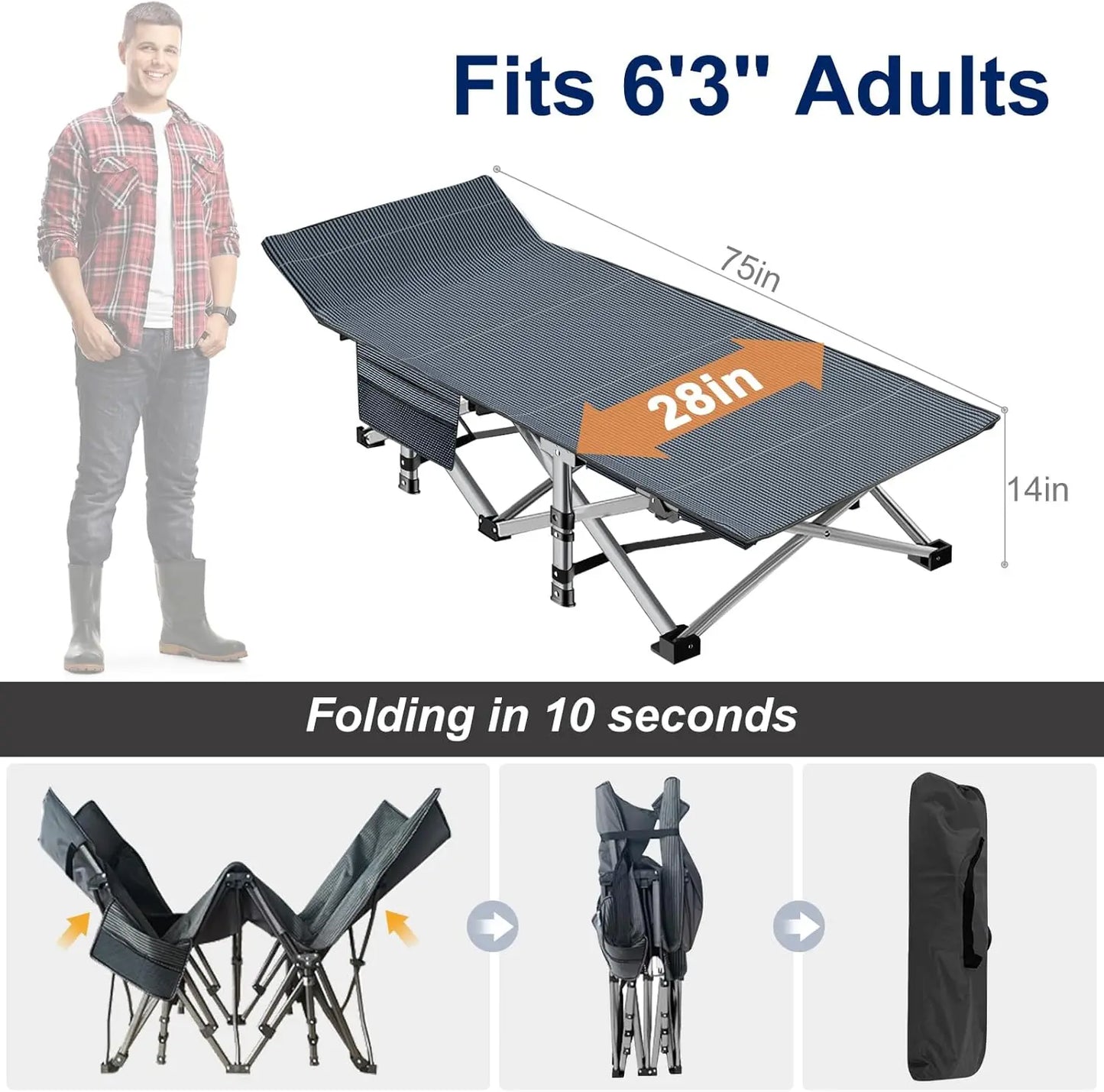 Heavy Duty Camping Cot For Adults With Oxford Fabric Mat And Carry Bag