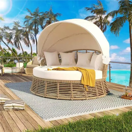 Outdoor Rattan Round Daybed With Retractable Canopy Sunbed Removable Cushions