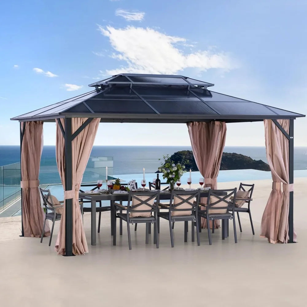 XMSJ Hardtop Gazebo With Double Polycarbonate Roof Netting