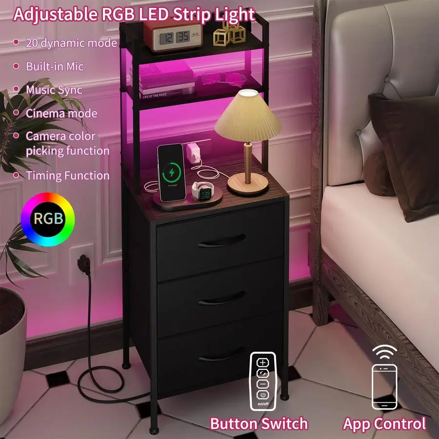 41 Inch Tall Nightstand with Charging Station, Led Night Stand with USB Port amp Socket, 3 PU Finished Fabric Storage Drawers,