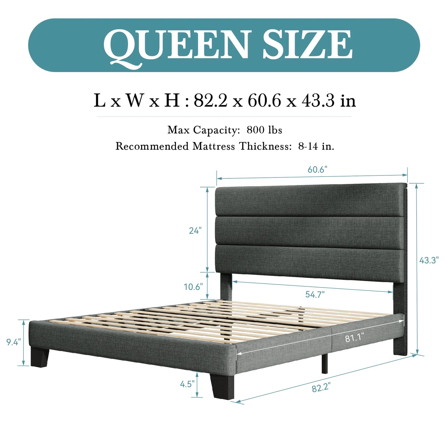 HOOMIC Bed Frame With Headboard Fabric Platform Bed Slats