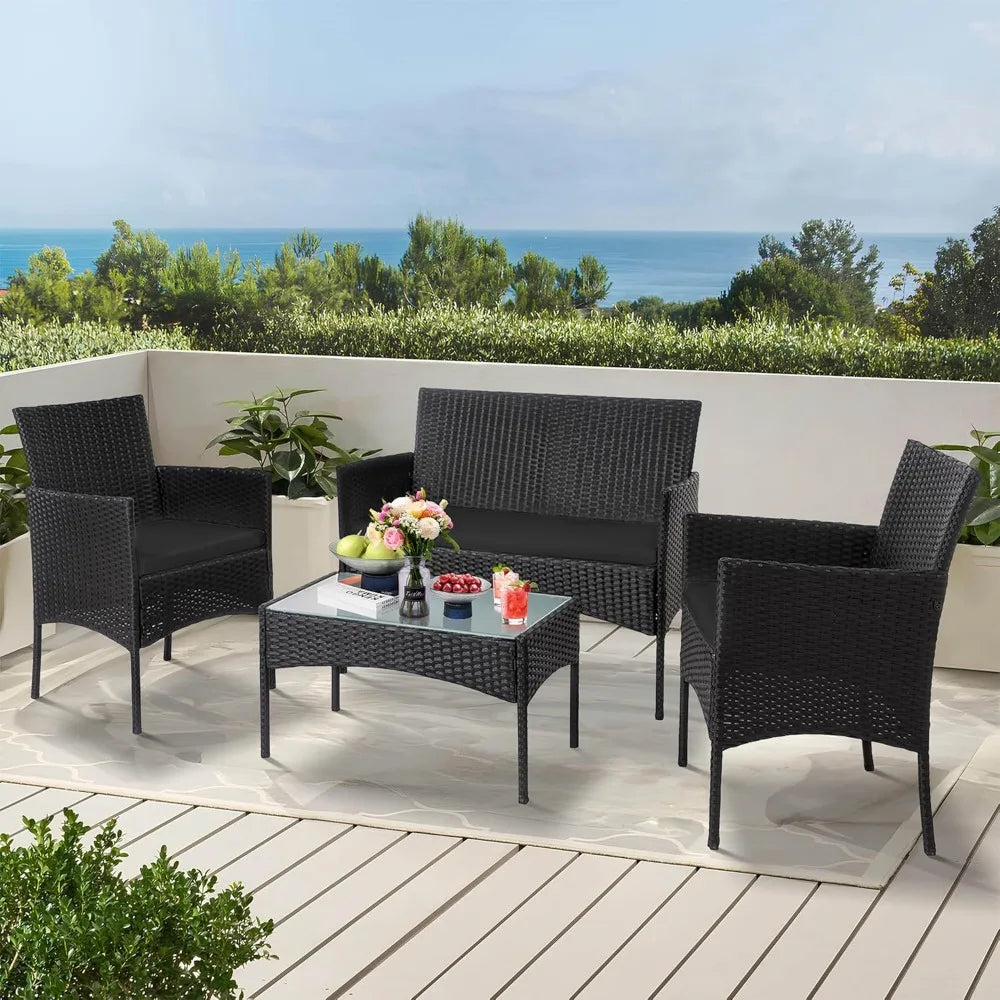 Outdoor Wicker Patio Conversation Set With Cushions And Glass Table