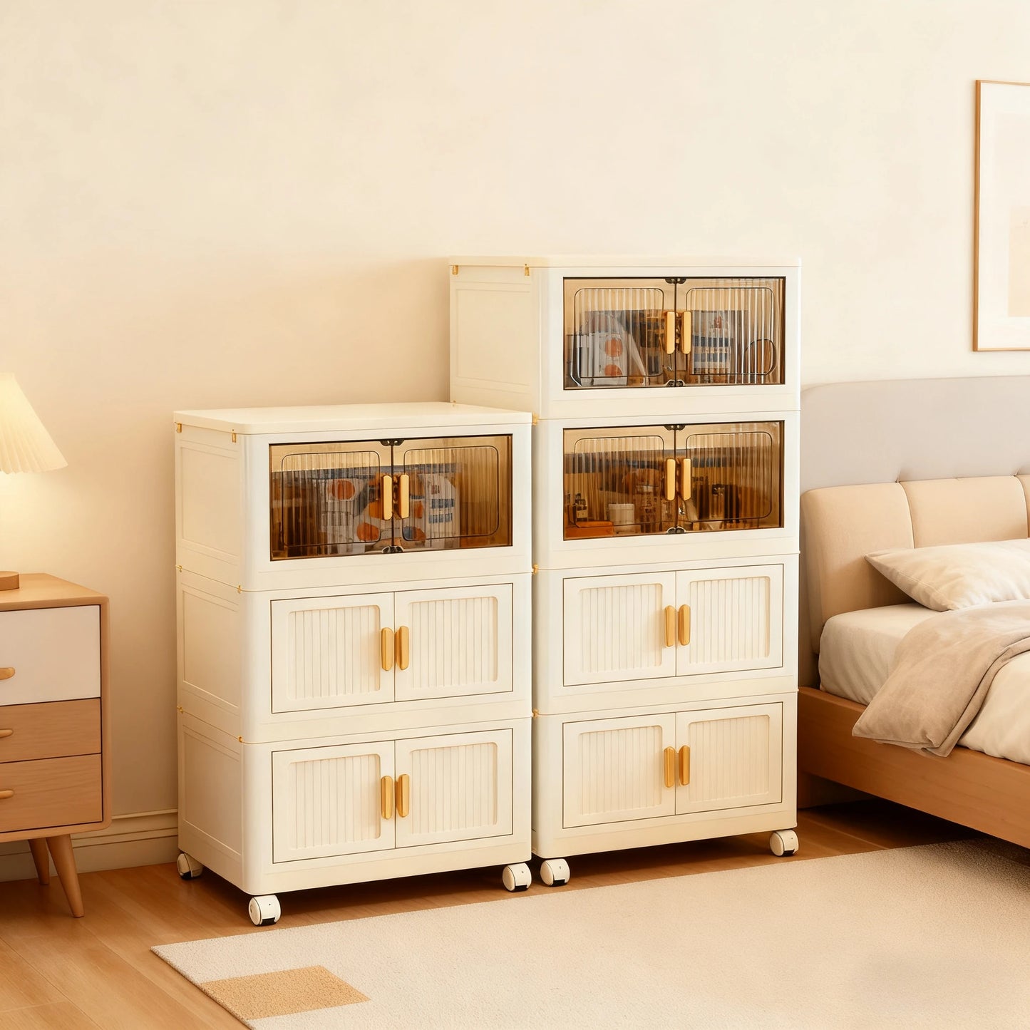 Stackable Versatile Storage Cabinet With Doors And Wheels Plastic Organizer