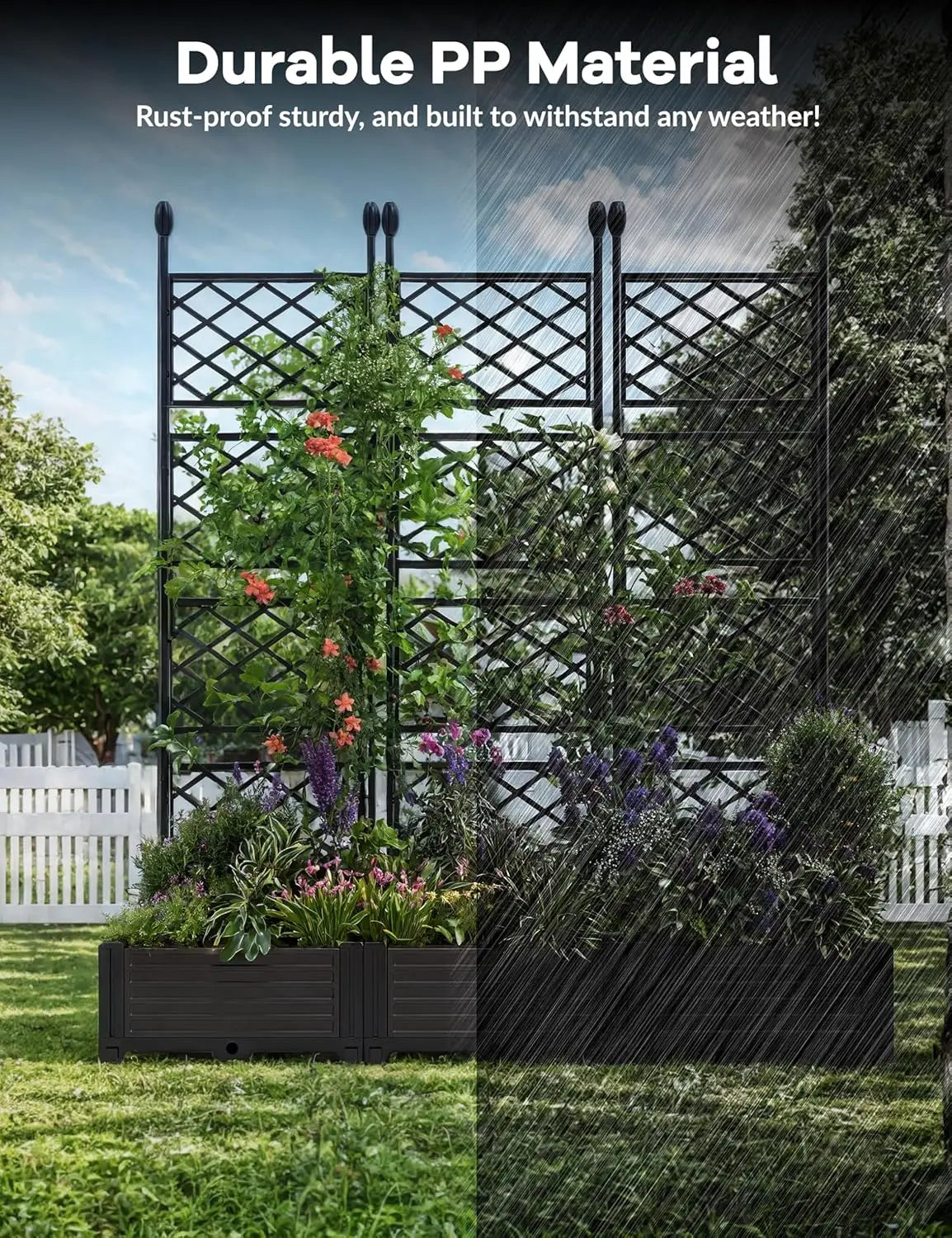 3Pcs Outdoor Raised Planter Box with Trellis Plastic Raised Garden Beds and Metal Trellis for Climbing Plants,Flowers,Vegetables