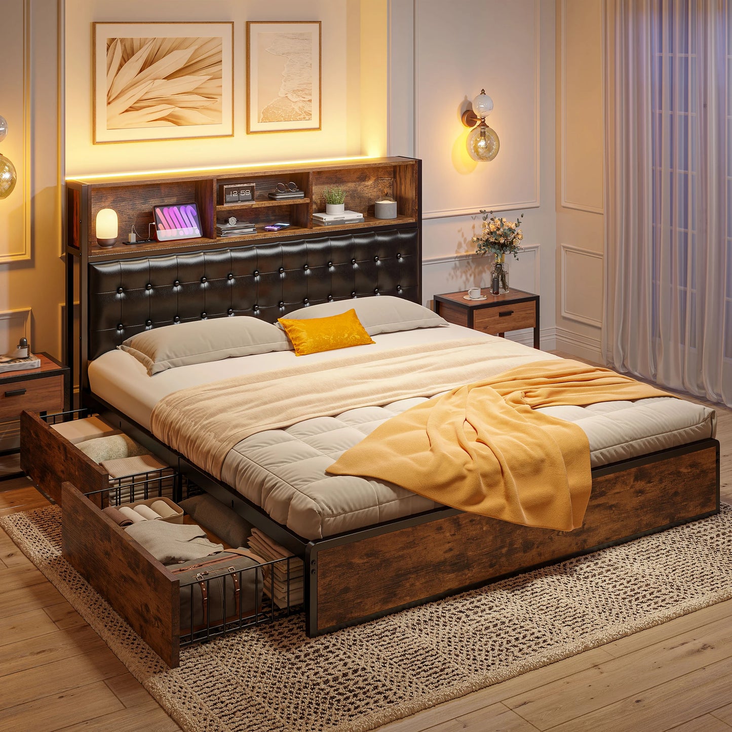 EnHomee Bed Frame With Charging Station And Storage Drawers
