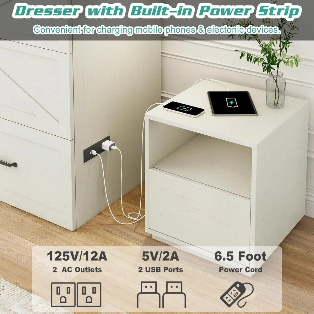Full Size Murphy Bed with Drawer & Charging Station, Space-Saving Hidden Folding Cabinet Bed for Bedroom, Office, Rustic White