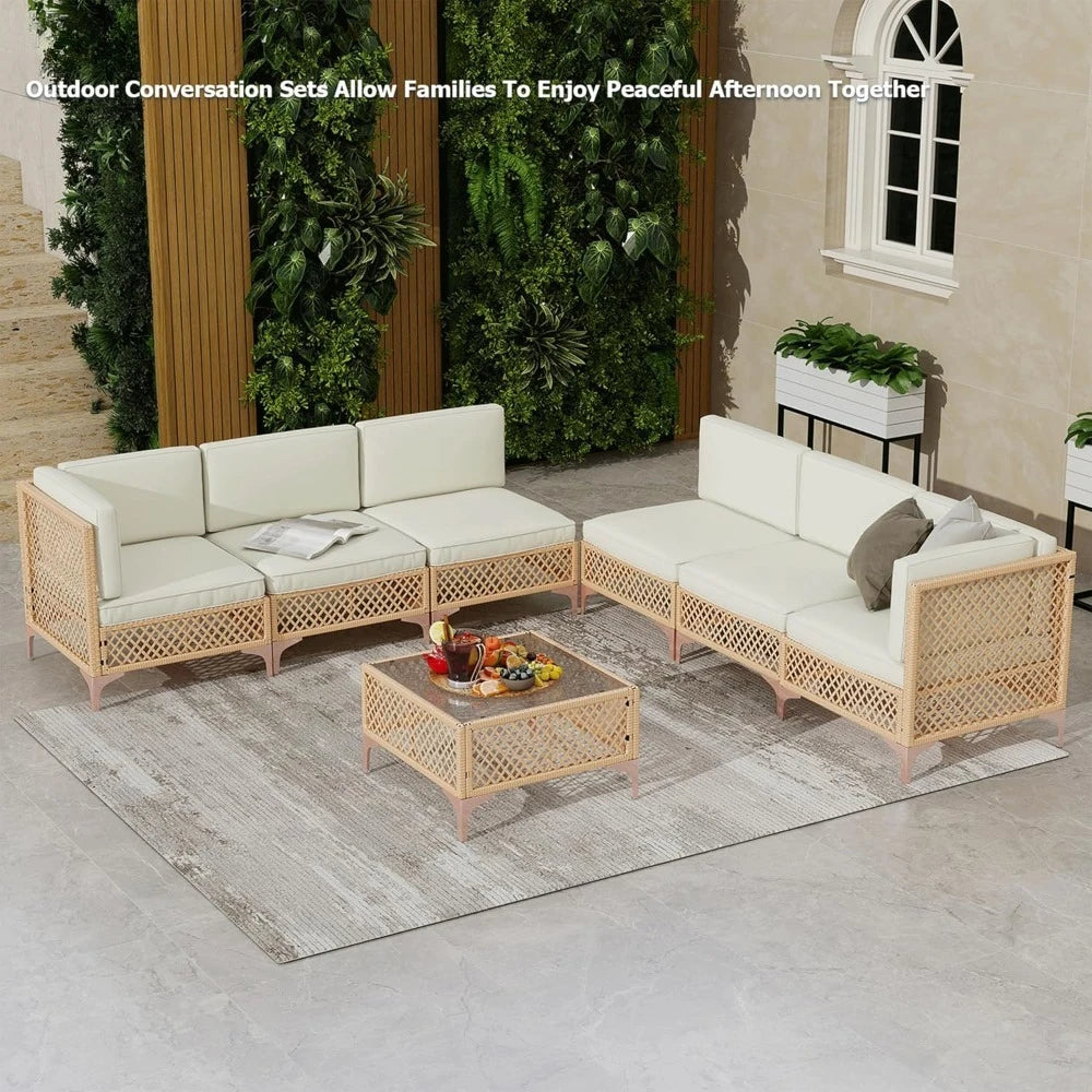 Outdoor Wicker Patio Sectional Set Boho Sofa With Coffee Table