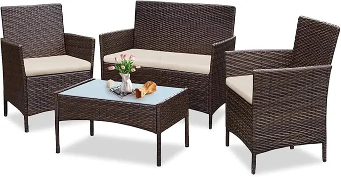 Outdoor Wicker Patio Conversation Set With Cushions And Glass Table
