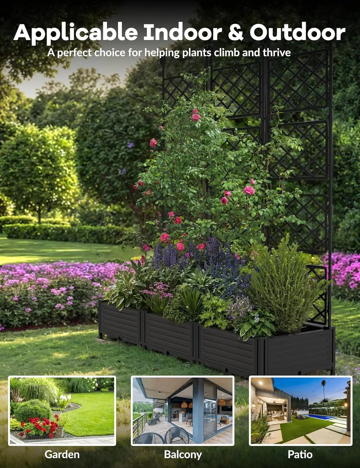 3Pcs Outdoor Raised Planter Box with Trellis Plastic Raised Garden Beds and Metal Trellis for Climbing Plants,Flowers,Vegetables