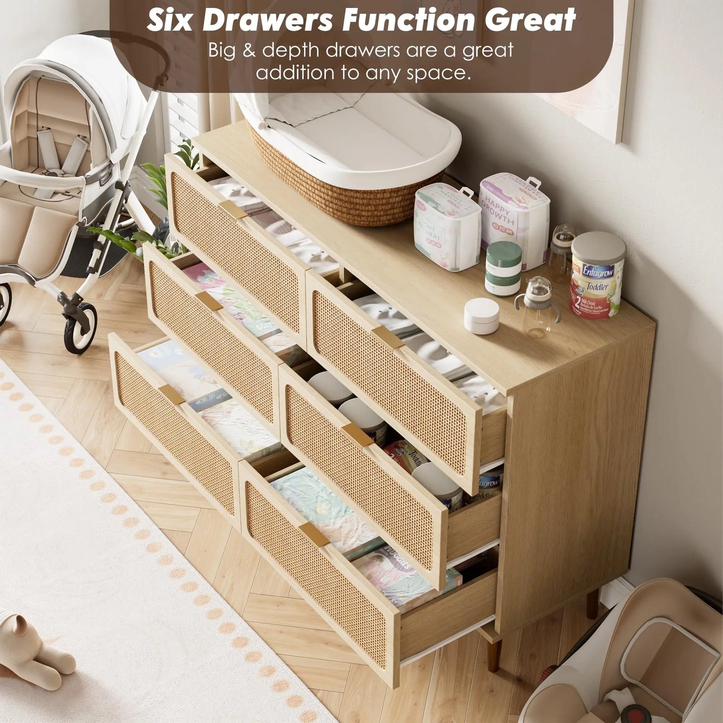HiMISS Rattan Dresser With Handwoven Wood Finish Storage