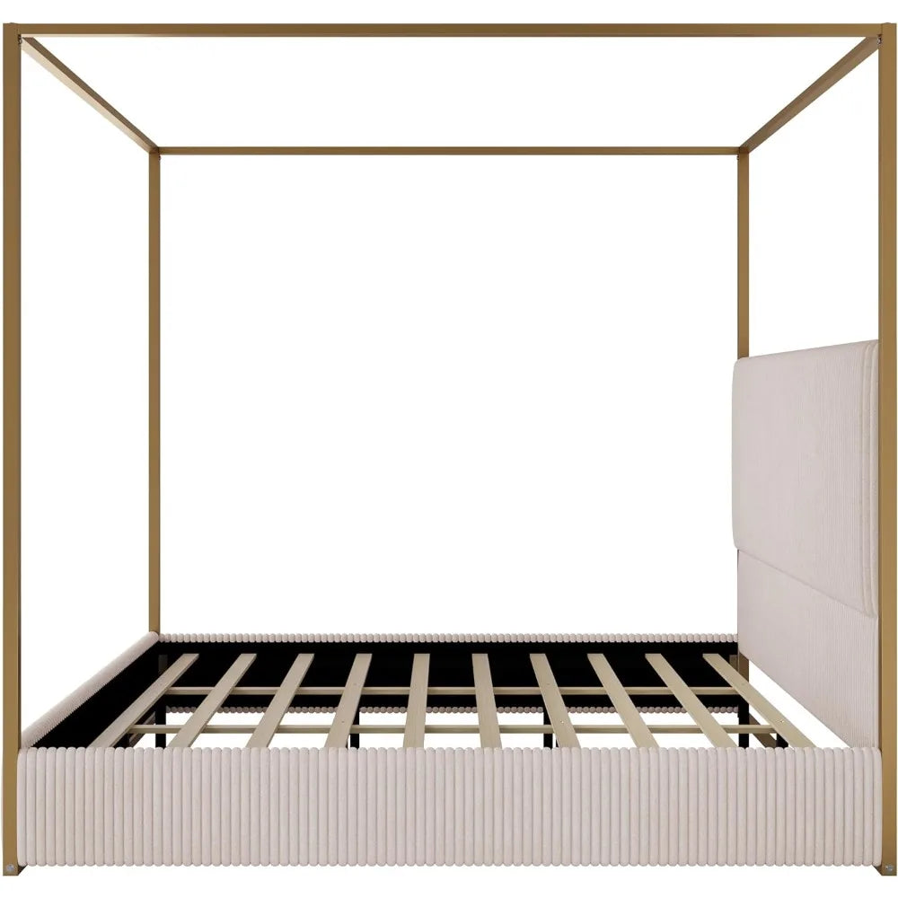 Contemporary King-Size Upholstered Canopy Bed Frame with Metal Posts, No Box Spring Required