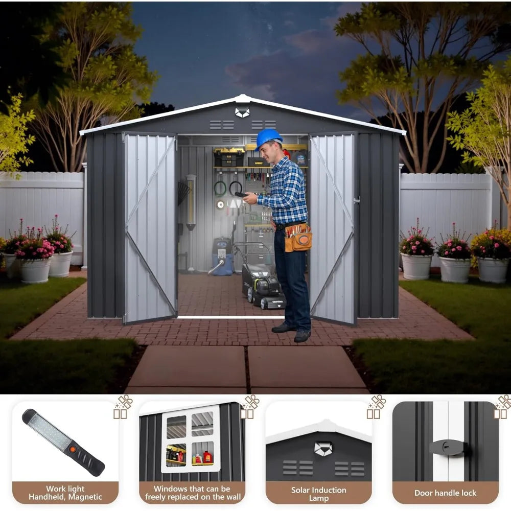 Outdoor Metal Storage Shed With Lockable Doors And Clear Window
