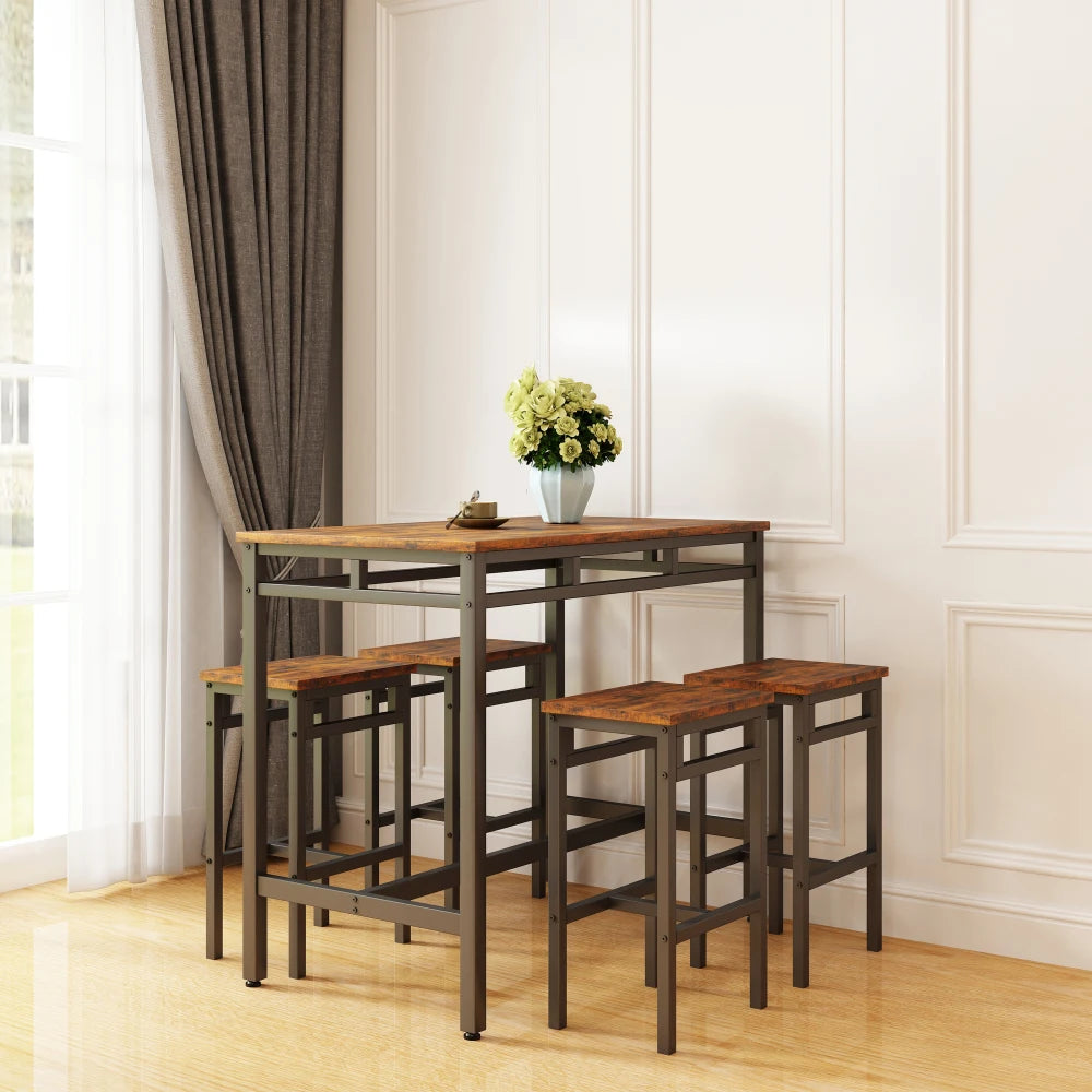 Bar Table Set 5PC Dinging Table Set High Stools Structural Strengthening Industrial Style Rustic Brown 43'' L X 23'' W X 35'' H.