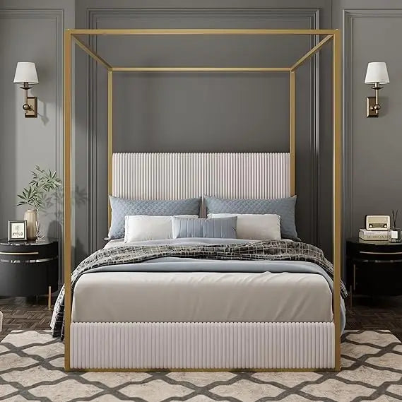 Contemporary King-Size Upholstered Canopy Bed Frame with Metal Posts, No Box Spring Required