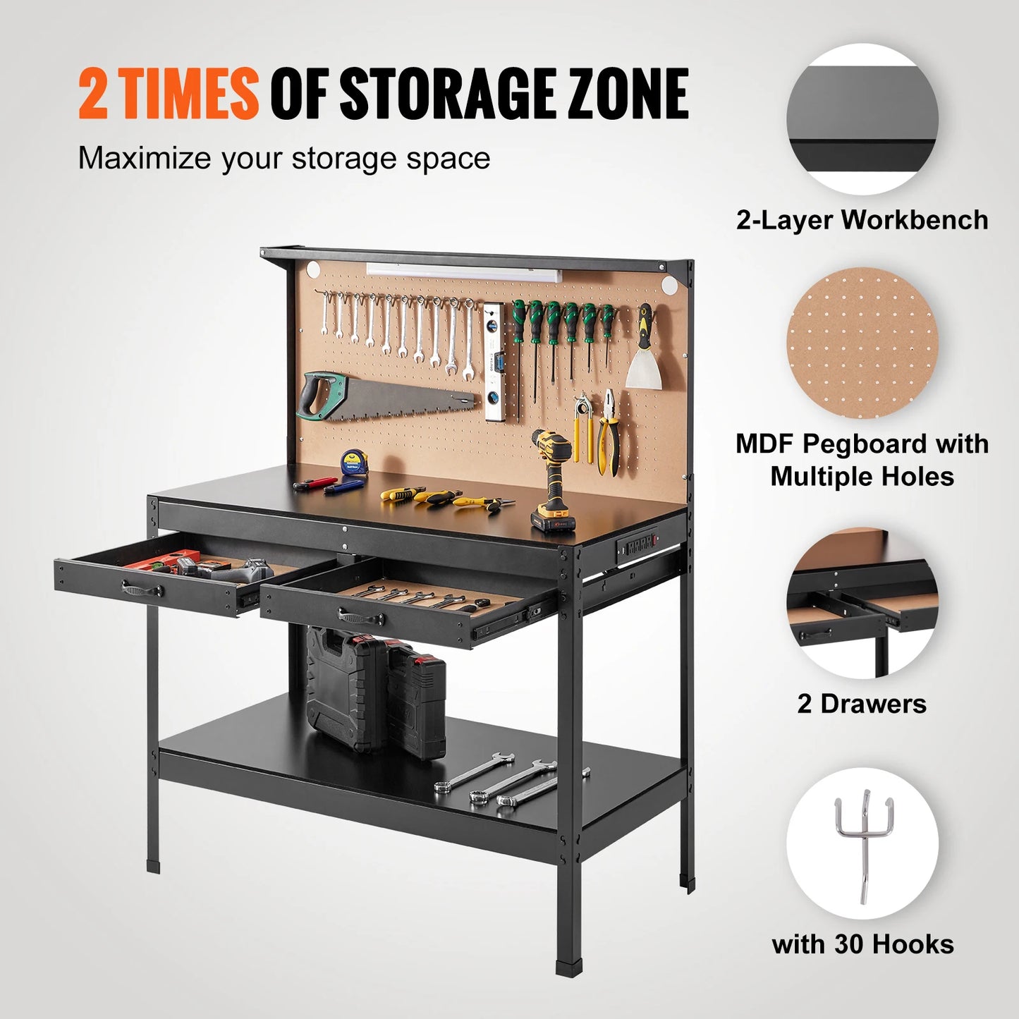 SucceBuy 200lbs Hardwood Workbench Heavy Oak Plank Work Table Carbon Steel with 3m Cable 30 Hooks for Garage Office Workshop