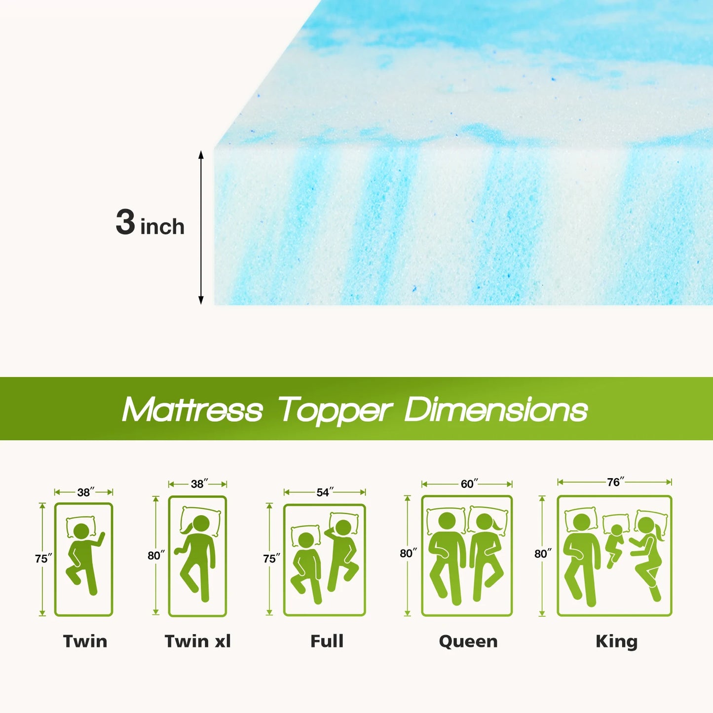 JHK Gel Memory Foam Mattress Topper For Cooling Comfort