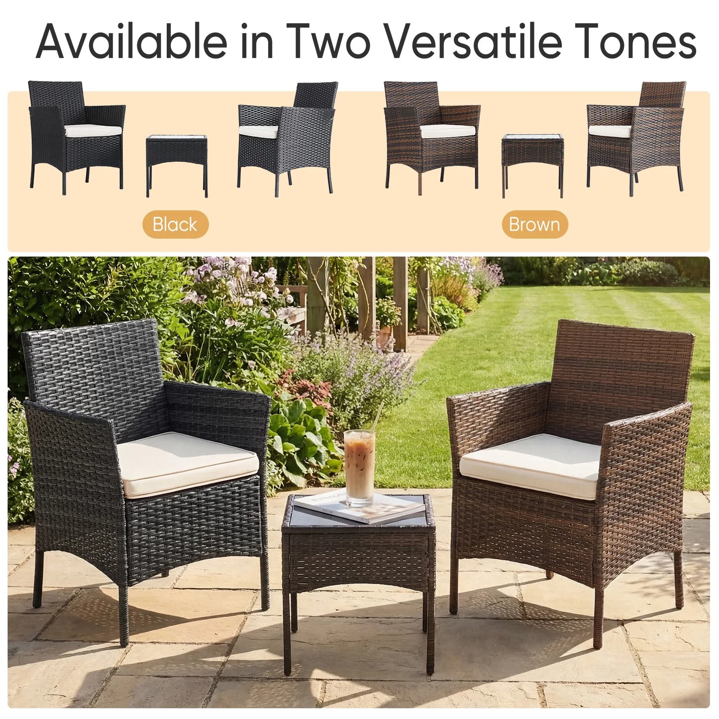 Outdoor Patio Furniture Set Wicker Rattan Chairs With Cushions Glass Table