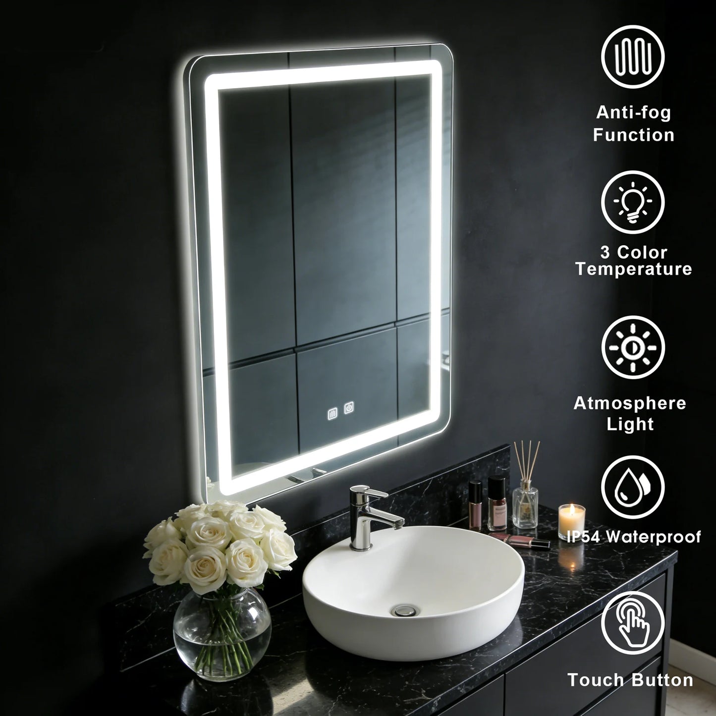 50x70cm LED Bathroom Mirror Vanity Mirrors with Backlit Lights Fogless Makeup Mirror Wall Mounted with Demister