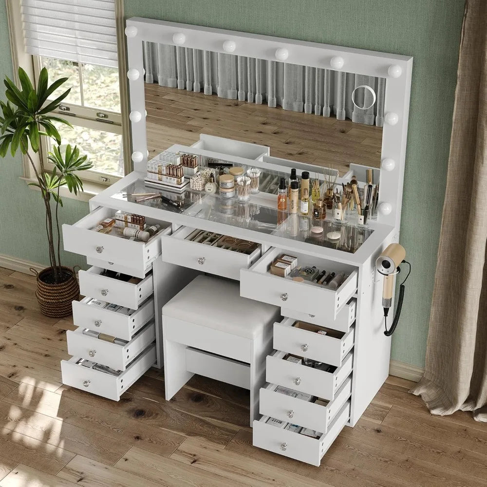 Makeup Vanity With Charging Station, 13 Drawers, HD Mirror