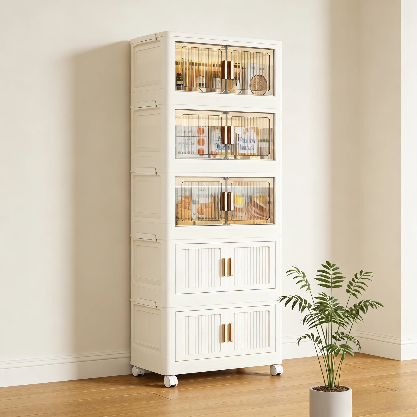 Stackable Versatile Storage Cabinet With Doors And Wheels Plastic Organizer