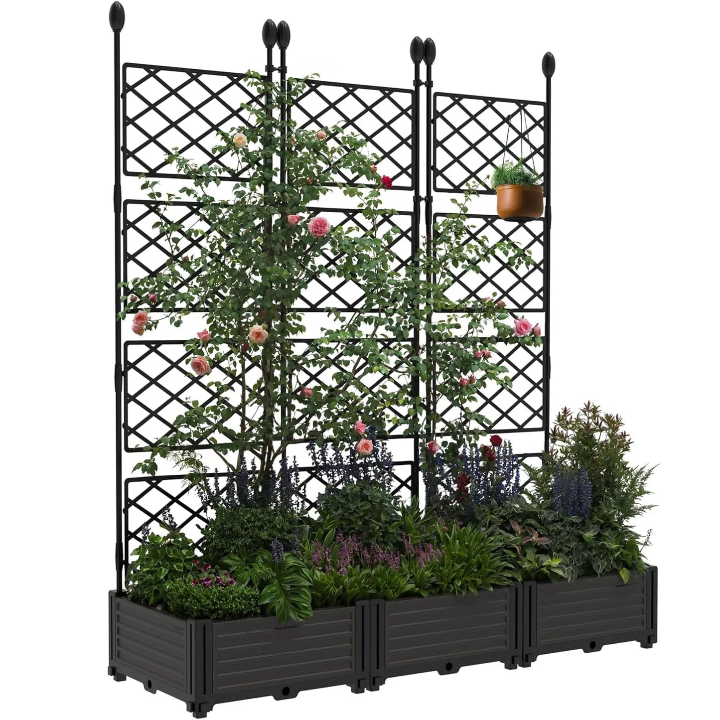 3Pcs Outdoor Raised Planter Box with Trellis Plastic Raised Garden Beds and Metal Trellis for Climbing Plants,Flowers,Vegetables
