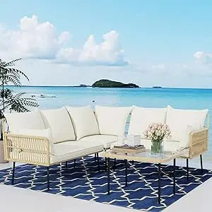 Outdoor Wicker Patio Sectional Set Boho Sofa With Coffee Table