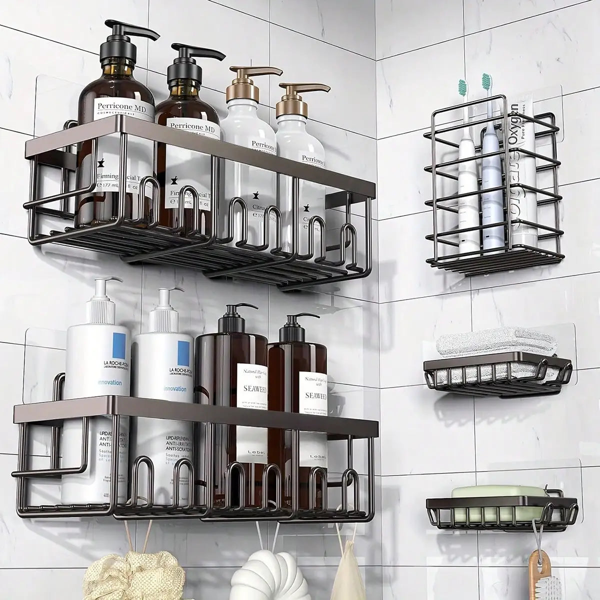 5-Pack Rustproof Stainless Steel Adhesive Shower Caddy No-Drilling Bathroom Storage Shelves