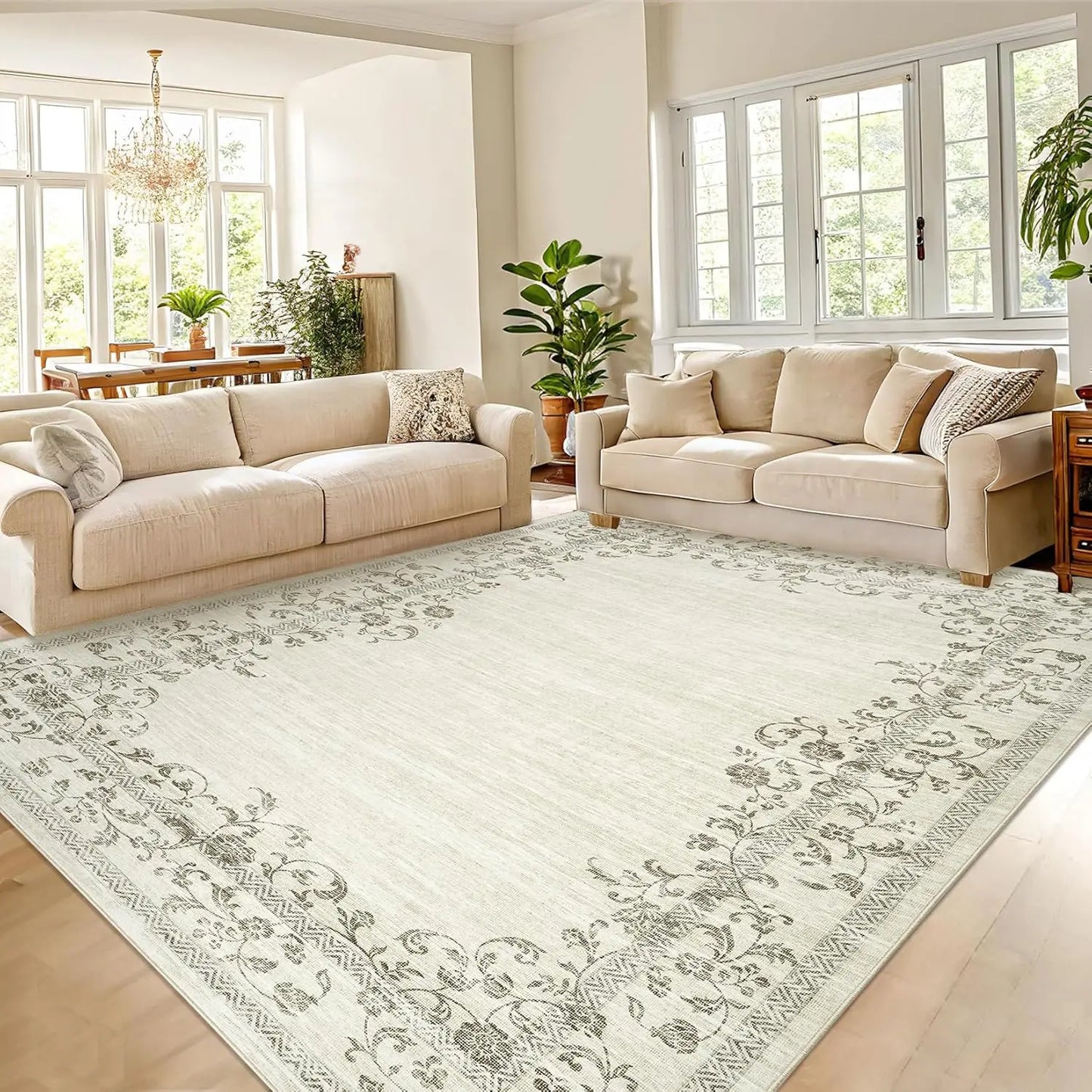 HiMISS Washable Floral Border Area Rug for Living Room Bedroom