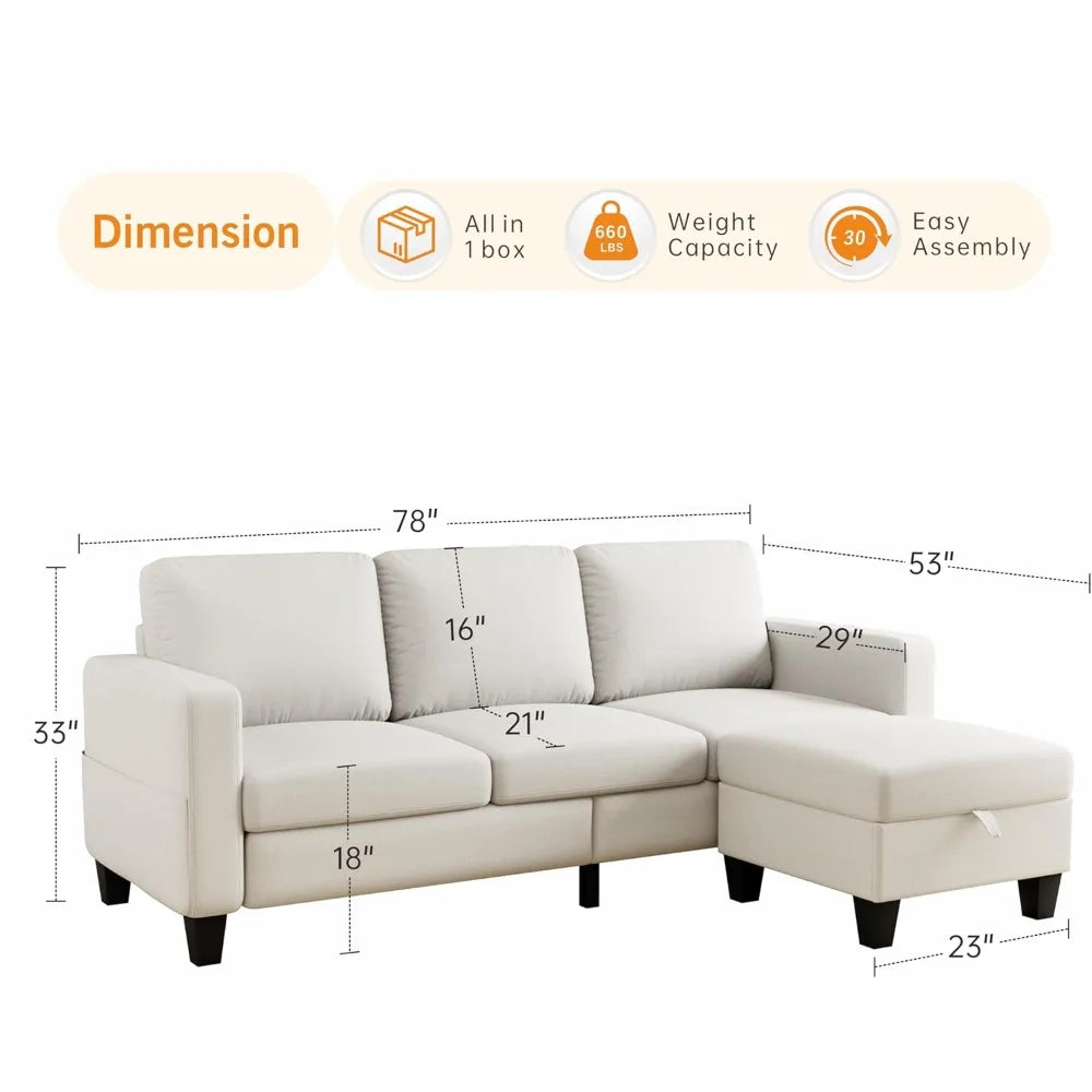 L-Shaped Sectional Sofa With Storage Ottoman For Living Room