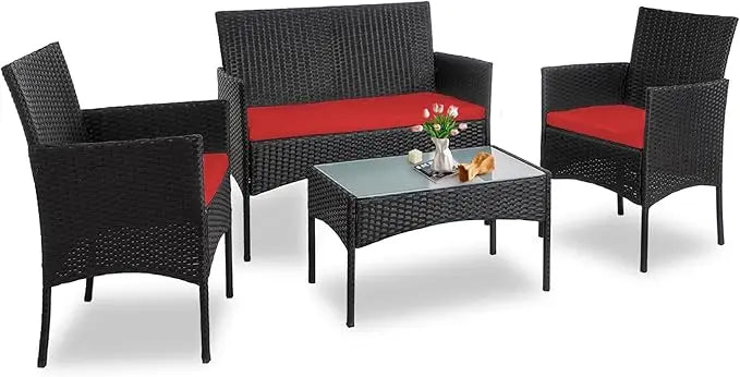 Outdoor Wicker Patio Conversation Set With Cushions And Glass Table