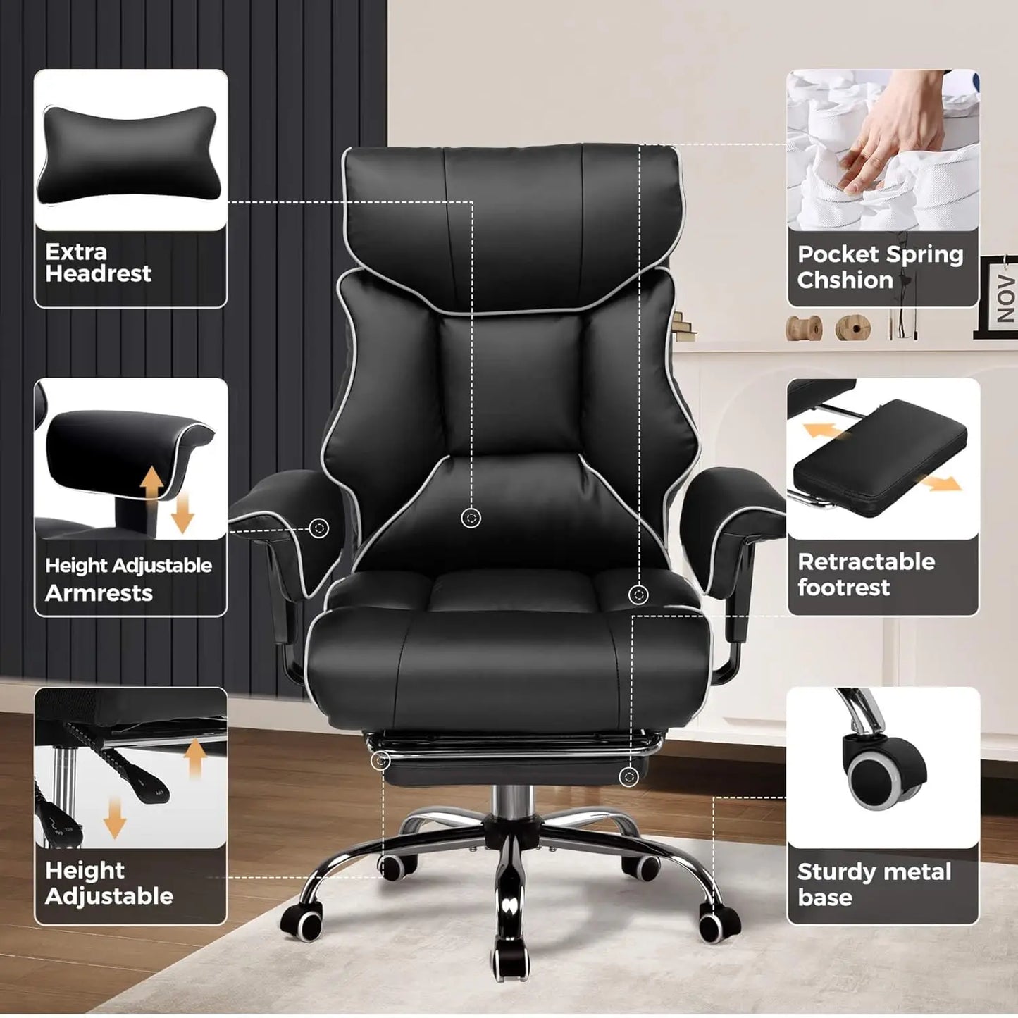 Big and Tall Office Chair 400lbs High Back Gaming Chair with Ergonomic Lumbar Support & Pocket Spring Cushion for Lower Back Pai