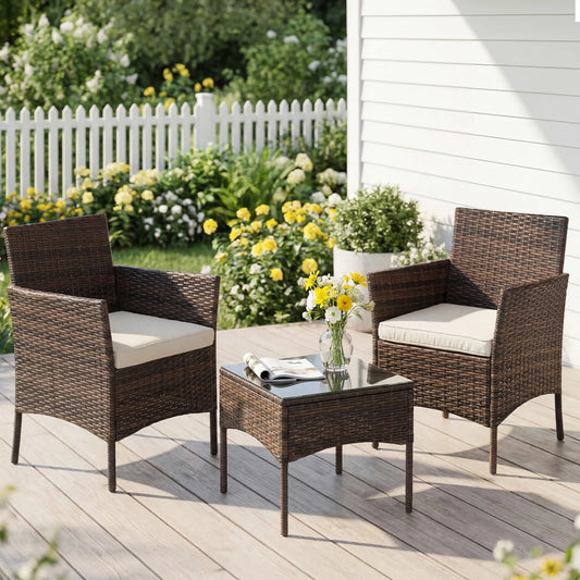 3 Piece Outdoor Patio Furniture Set Wicker Rattan Chairs Cushions