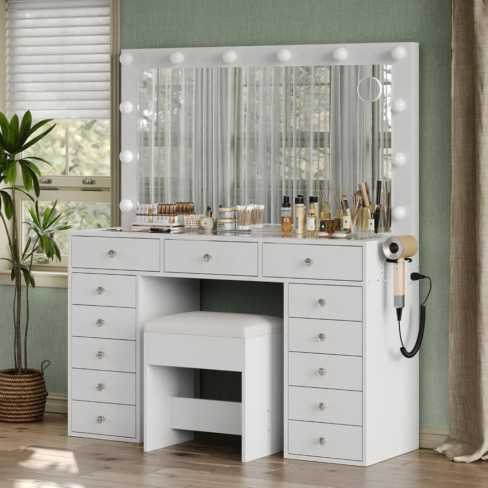 Makeup Vanity With Charging Station, 13 Drawers, HD Mirror