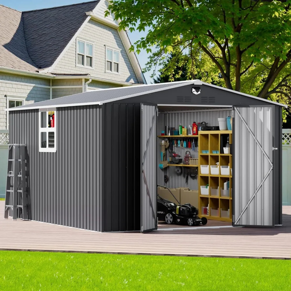 Outdoor Metal Storage Shed With Lockable Doors And Clear Window
