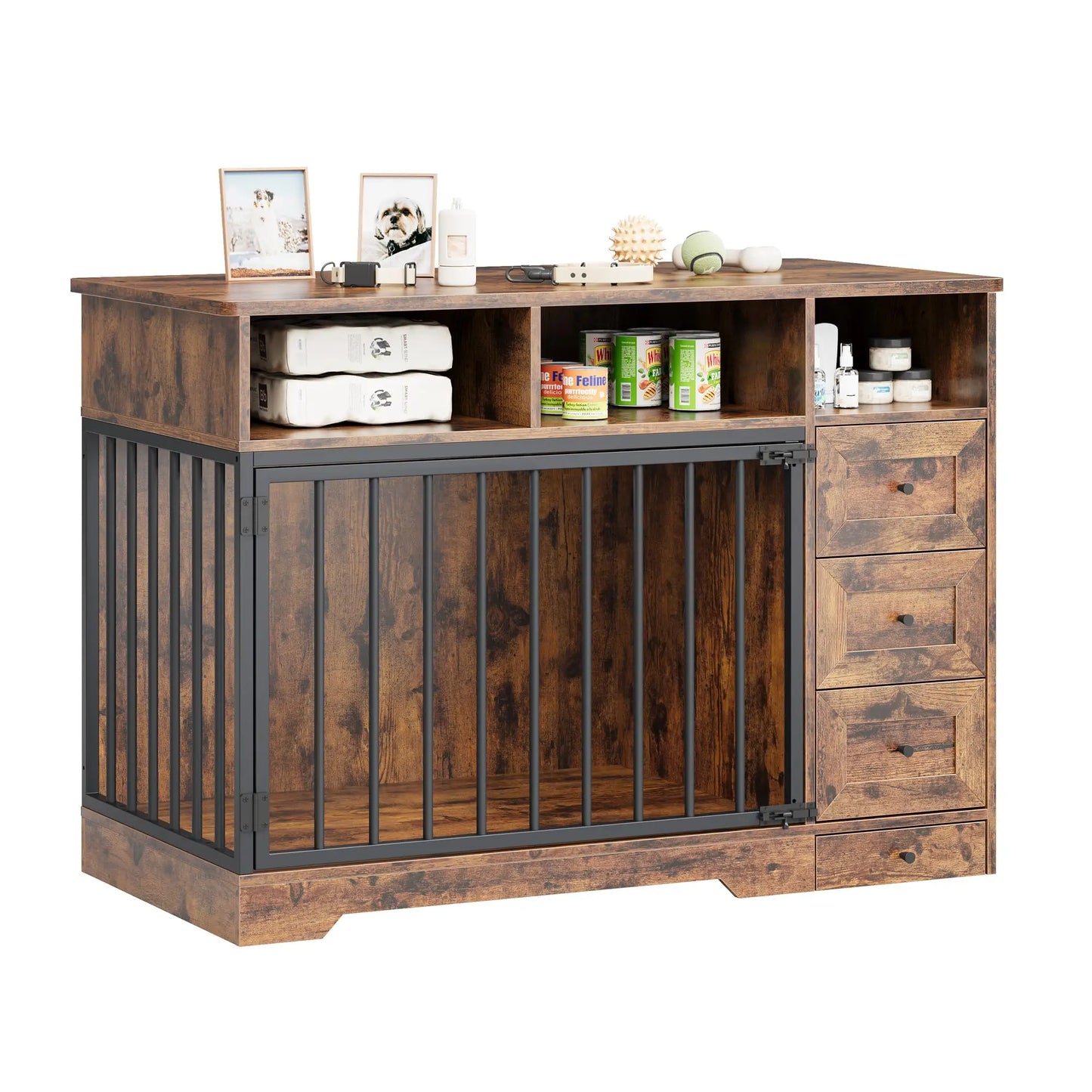 HiMISS Farmhouse Wooden Dog Crate With Six Storage Drawers Kennel End Table