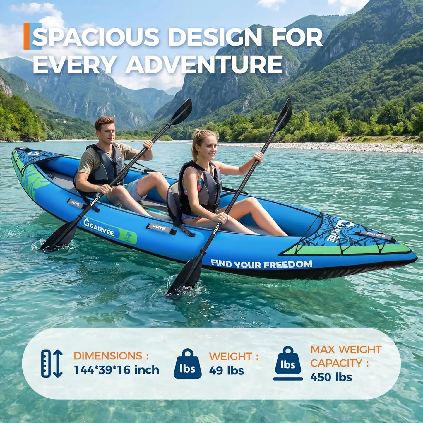 Inflatable Tandem Kayak Heavy Duty PVC With Adjustable Seats Backrest Paddles