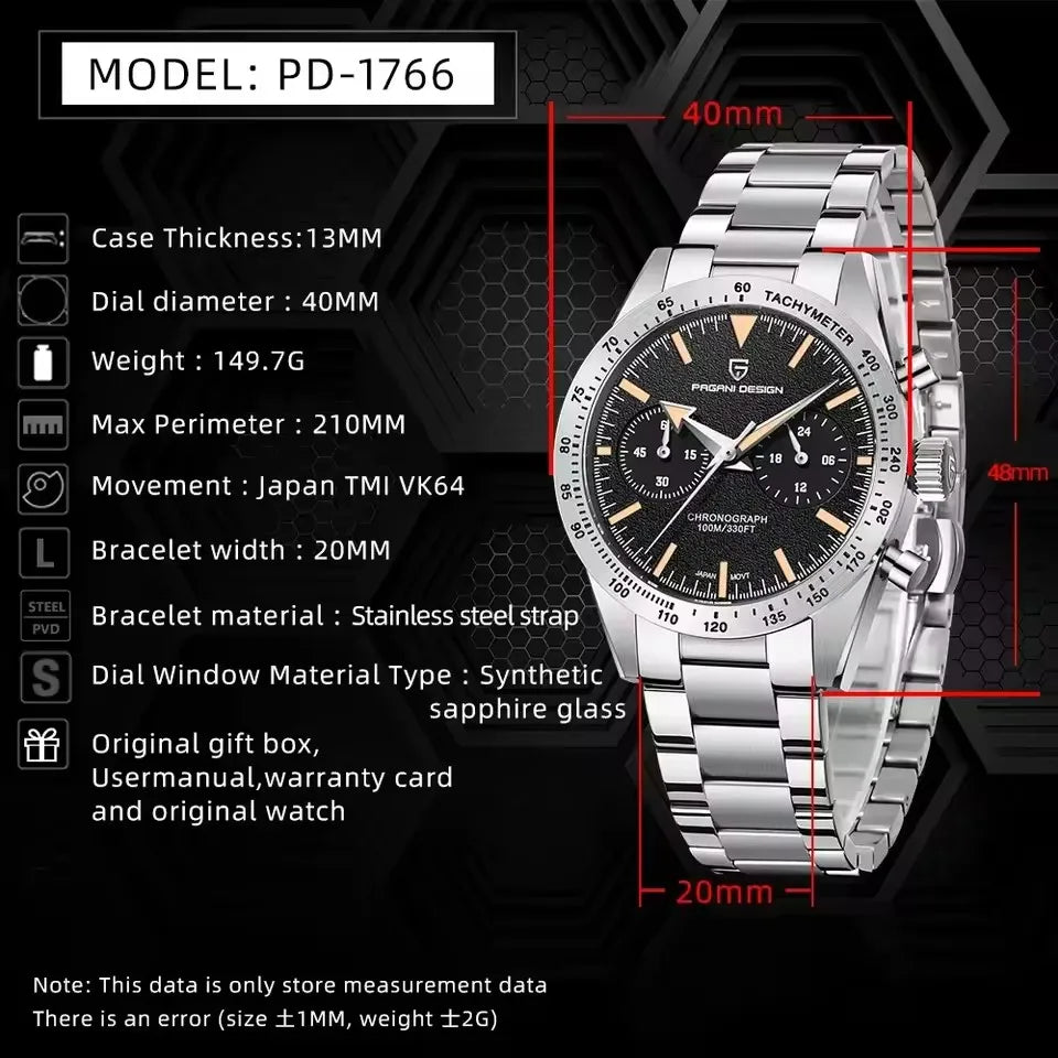 PAGANI DESIGN Retro Luxury Quartz Mens Watch Stainless Steel Chronograph