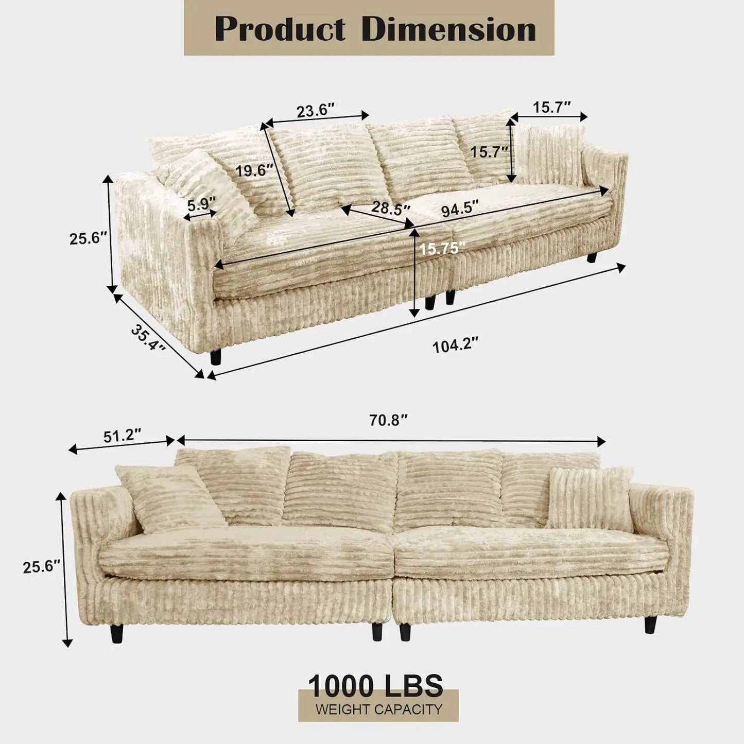 104.3'' Deep Seat Modular Sectional Sofa Plush Corduroy Memory Foam Convertible 6 Pillows Living Room Apartment, Customized