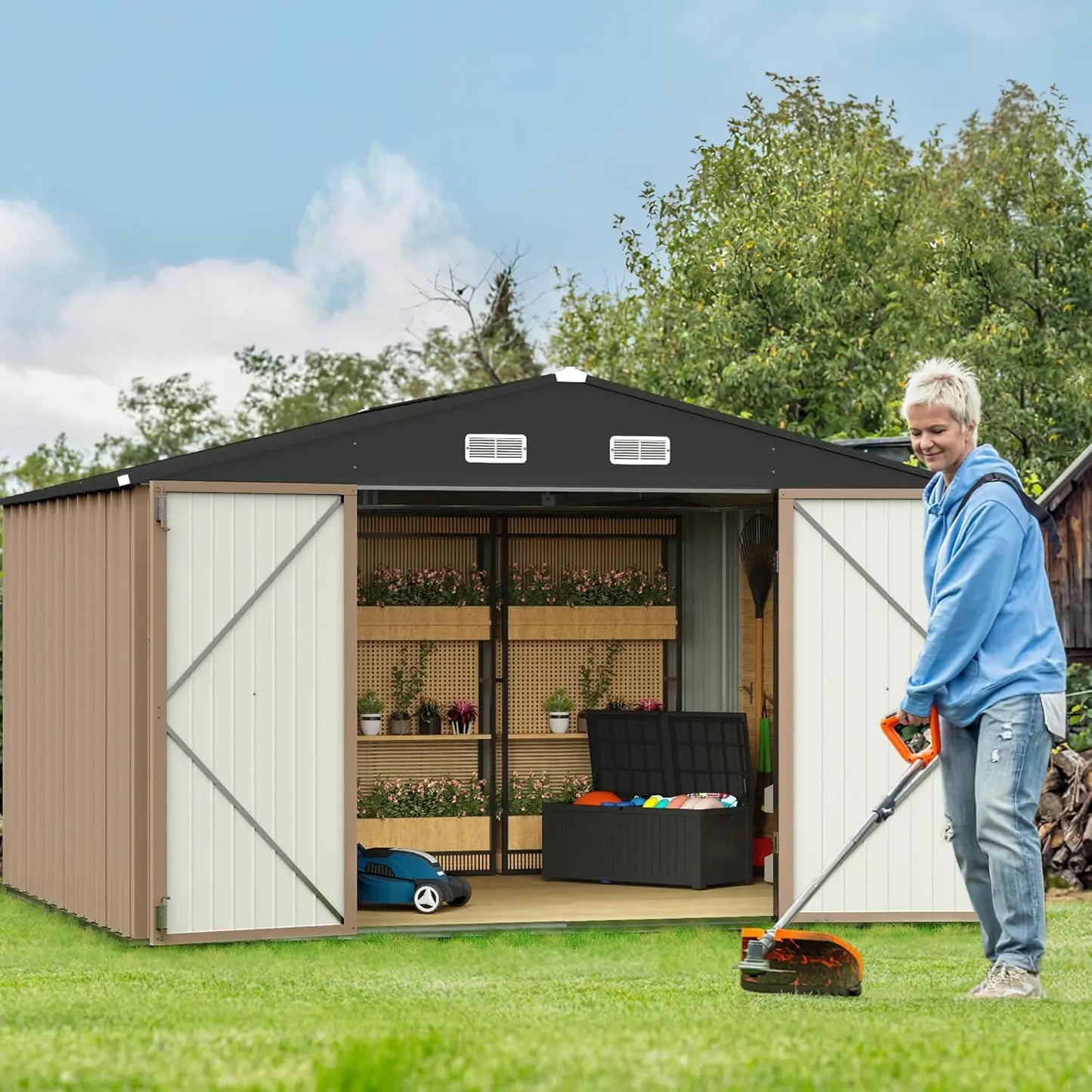 Outdoor Metal Garden Shed With Lockable Door Waterproof Tool Storage