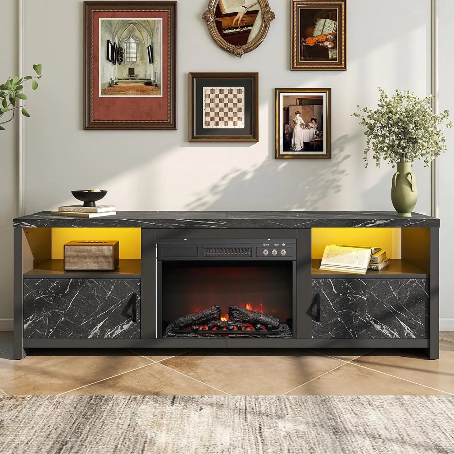 70" Electric Fireplace TV Stand for TVs Up to 75", Modern Fireplace Entertainment Center with Storage Cabinets, LED, Customized