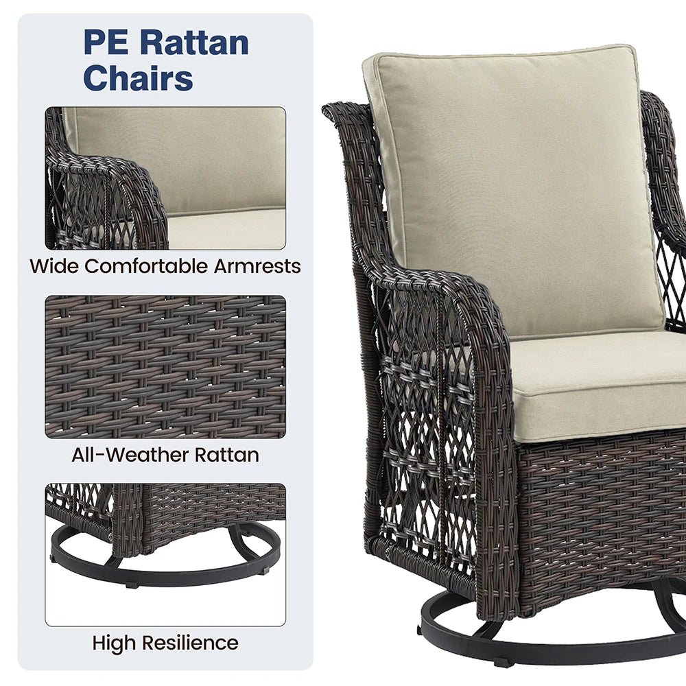 3-Piece Wicker Swivel Rocking Patio Set, 2 Chairs & Glass Table, Rattan Outdoor Furniture With Cushions For Patio Porch Backyard