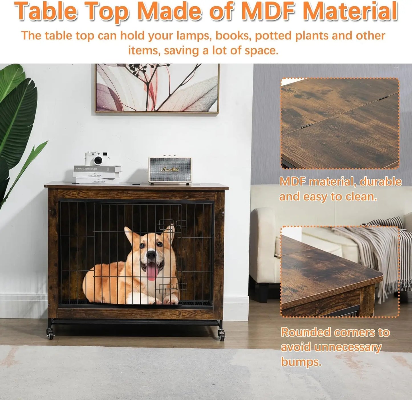 HiMISS Rustic Dog Crate Furniture With Wheels