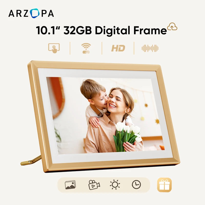ARZOPA Metal Digital Picture Frame WiFi 10.1" HD IPS Touch Screen Smart Photo Frame Unlimited Photos Videos,Perfect Gifts family