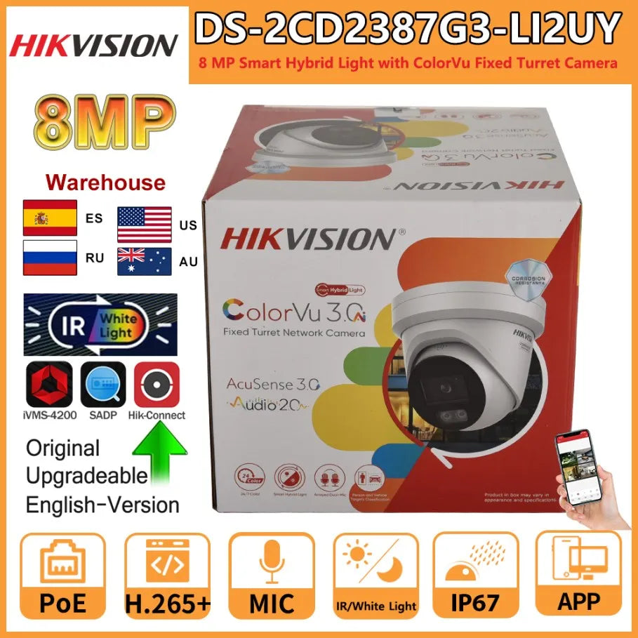 Hikvision 8MP IP Camera DS-2CD2387G3-LI2UY Smart Hybrid Light ColorVu Built-in Dual Mic 4K 24/7 Colorful Turret Network Camera