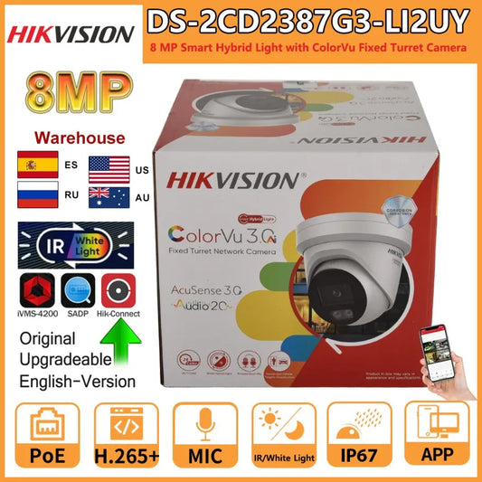 Hikvision 8MP IP Camera DS-2CD2387G3-LI2UY Smart Hybrid Light ColorVu Built-in Dual Mic 4K 24/7 Colorful Turret Network Camera