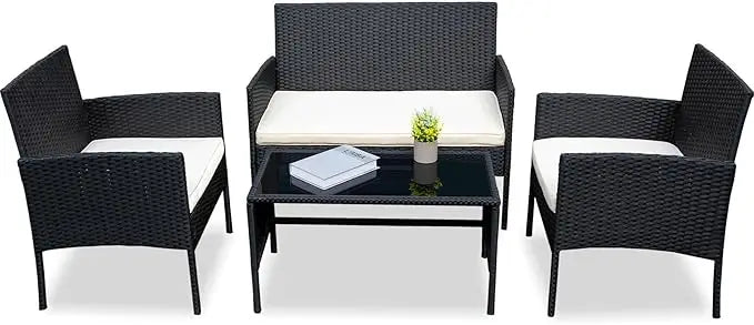 Outdoor Wicker Patio Conversation Set With Cushions And Glass Table