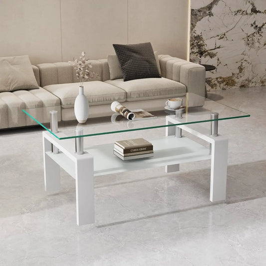 Tempered Glass Coffee Table With White Metal Legs Modern Style